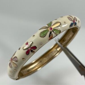 Jin Long Xing Vintage Gold Tone White Green Pink Enamel Floral Bangle Bracelet